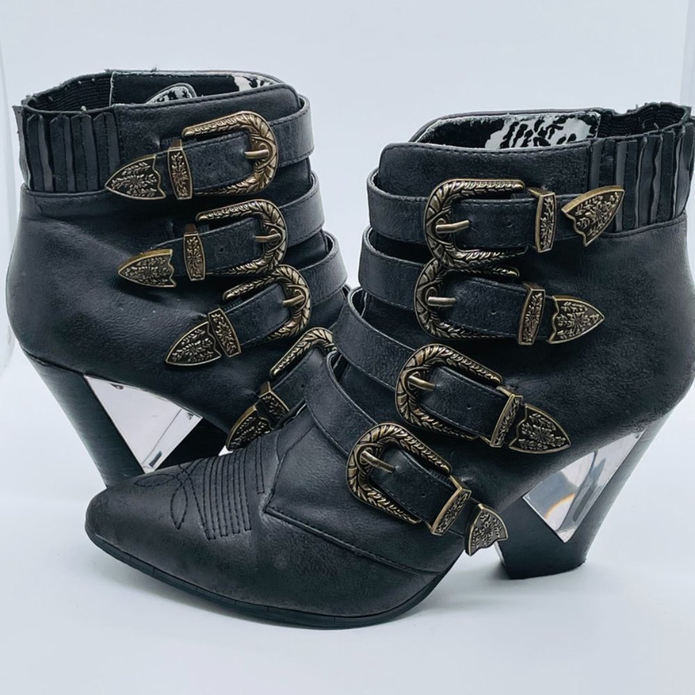 Privileged Siegal Black Western Buckle Cutout Heel Ankle Boots